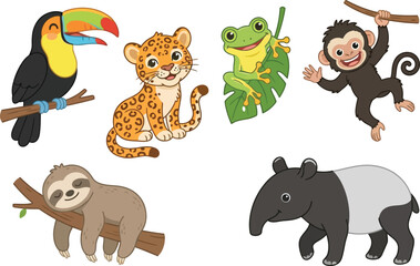 Fototapeta premium A collection of cute cartoon rainforest animals including a toucan leopard frog monkey sloth and tapir.
