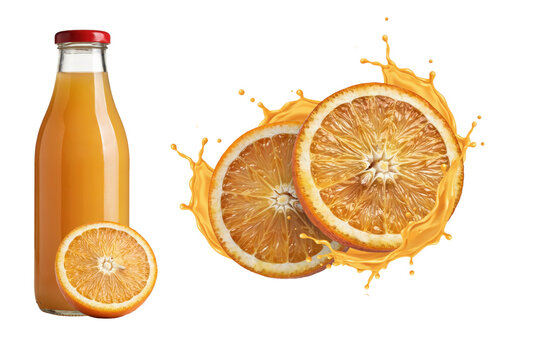 Glass bottle filled with fresh orange juice and sliced oranges with liquid splashes isolated on a transparent background
