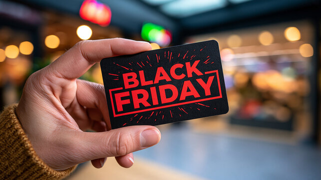 Black Friday promotional card held by a hand against a dark modern background with subtle retail lights, seasonal shopping discount concept, advertising campaign, shallow depth of field, balanced fr