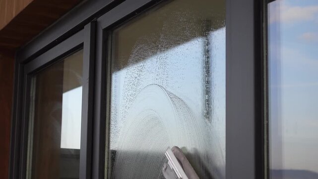Cleaning a modern window with a squeegee and extension pole, showing the process of making glass shiny and streak-free