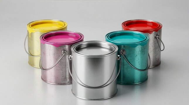 A close-up shot of several metal paint cans filled with colorful bright paints arranged on a gray background, representing home renovation, interior design, and art concepts.