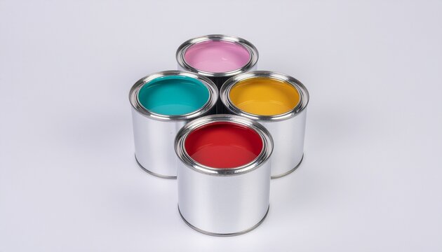 A high-angle shot of four open metal paint cans filled with vibrant primary and pastel colors arranged together on a plain white surface, ideal for design and art concepts.