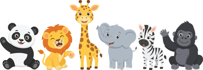 Obraz premium A group of cute cartoon wild animals standing together in a row.