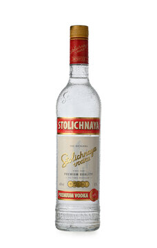 September 11, 2026, Tbilisi, Georgia Chilled bottle of Stolichnaya vodka with water droplets isolated on white background