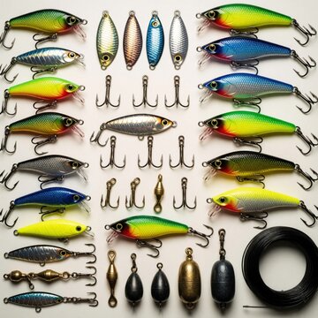 Large assortment of colorful fishing lures, metal spoons, sharp hooks, weights, fishing line on white background. Top view of tackle equipment set for spinning casting. Pro gear collection for sport