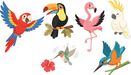 Fototapeta premium A collection of colorful tropical birds including a parrot toucan flamingo cockatoo hummingbird and kingfisher.