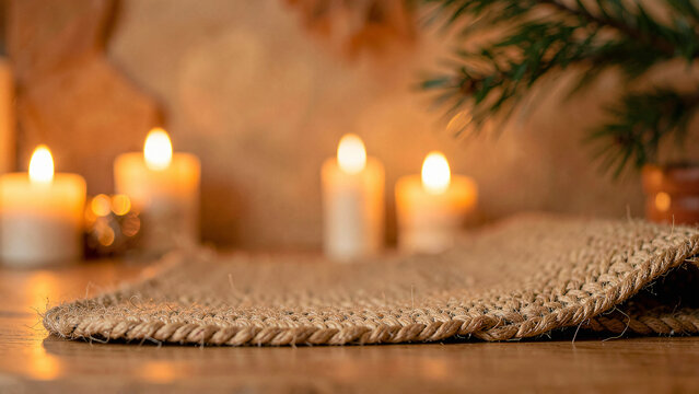 Handcrafted Woven Jute Runner Over Wood as a Product Display Table with Candle Bokeh