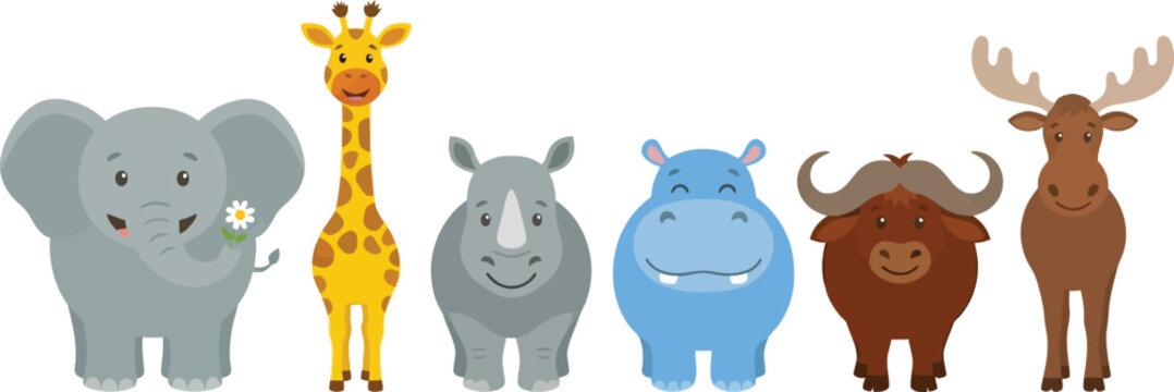 A collection of cute cartoon wild animals standing in a row on a white background.