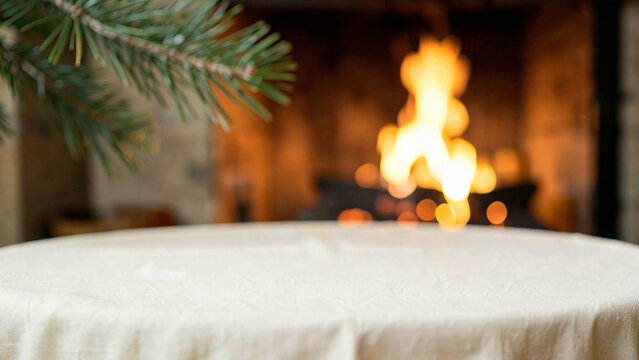 Thanksgiving Table with Empty Cream Linen Tablecloth as a Clean Base by Fireplace