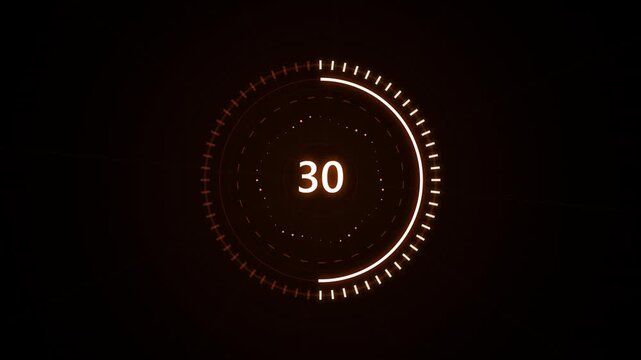 Futuristic digital timer countdown interface with glowing orange numbers and circular progress