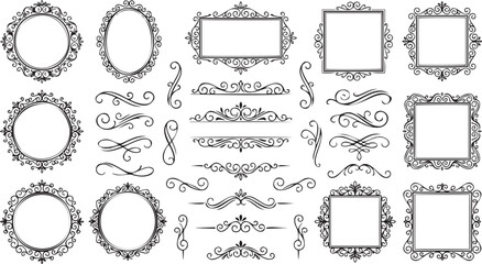Fototapeta premium Ornamental black vintage frames and decorative flourish elements arranged in a collection for classic graphic design and artistic border projects