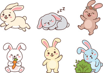Fototapeta premium A collection of six cute cartoon rabbits in various poses and activities.