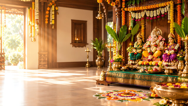 Traditional Gauri Ganpati Festival with Goddess Gauri and Lord Ganesha, Beautiful Maharashtrian Home Decoration, Flowers and Festive Puja