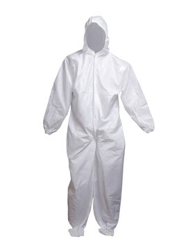 A full-body white disposable suit designed for safety and protection against contaminants, featuring a hood and front zipper closure