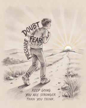 Pencil drawing of a person walking on a path carrying heavy baggage labeled doubt fear and pressure with carrying burden mental pressure overcoming fear keep going mental toughness uphill path