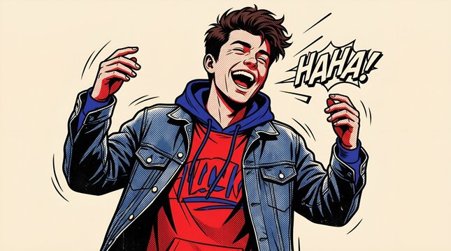 Comic book style laughing man in denim jacket, expressive pop art illustration of happy male character, haha speech bubble