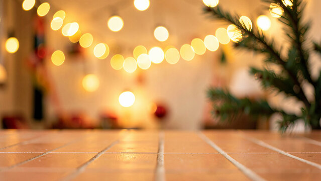 Rustic Terracotta Tile Tabletop with a Warm Terracotta Tiled Surface Complete with Bokeh