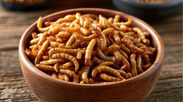 Close-up of edible insect larvae cooked and served in a wooden bowl on rustic wooden surface for snack or protein source