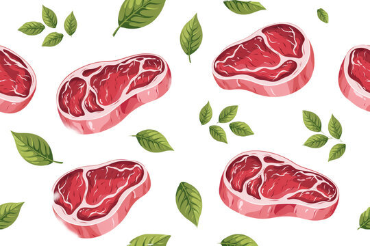 Seamless pattern featuring raw beef steak cuts with green leaves and peppercorns on a white background, isolated on a, transparent background
