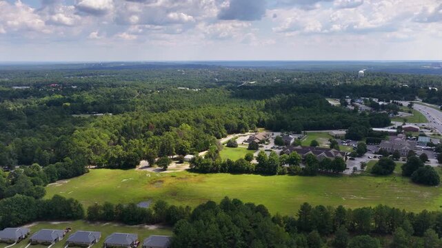 Aerial footage of buildings and trees in Augusta Georgia USA