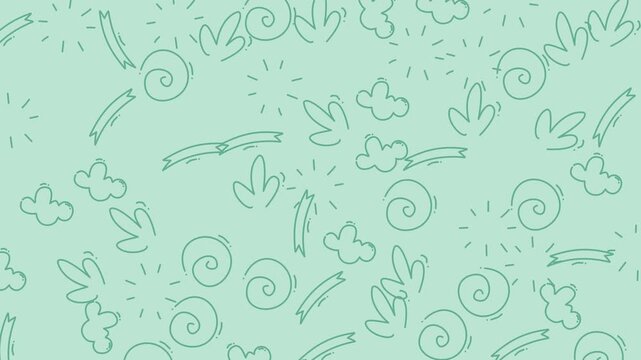 Seamless pattern with hand drawn doodle elements on a soft mint green background.