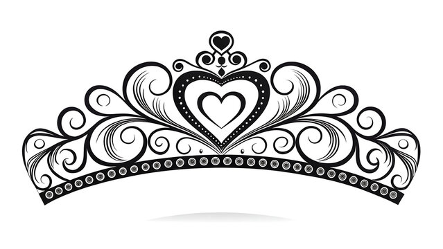 Minimalist black vector icon of a royal tiara with heart design for princess crown graphics