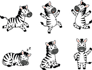 Obraz premium A collection of six cute cartoon zebra illustrations in various poses and expressions.