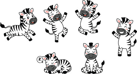 Obraz premium A collection of cute cartoon zebra characters in various poses and expressions.