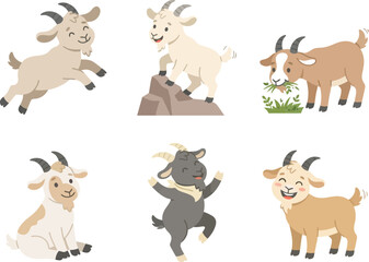 Obraz premium A collection of six cute cartoon goats in various playful poses and activities.