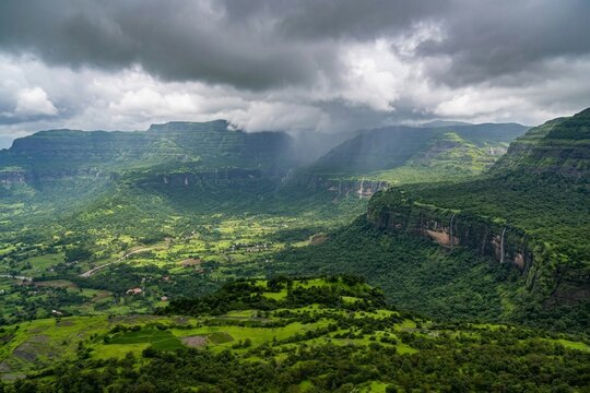Bhimashankar Mountain Range with Multiple Waterfalls and Lush Green Sahyadri Mountains, Maharashtra, India