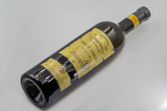 Casa Veche Pinot Grigio Moldovan wine bottle closeup on white.