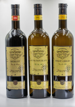Casa Veche Moldovan wine bottles set closeup on white.