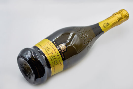 Villa Sandi Valdobbiadene Prosecco Superiore bottle closeup on white.