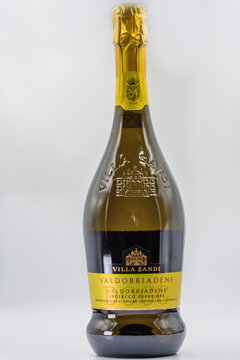 Villa Sandi Valdobbiadene Prosecco Superiore bottle closeup on white.