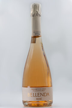 Bellenda Prosecco DOC Millesimato Brut Rose closeup on white.
