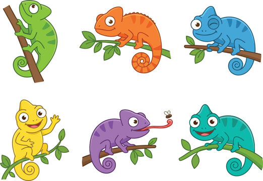 A collection of six colorful cartoon chameleons perched on tree branches.