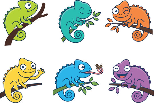 A collection of six colorful cartoon chameleons perched on tree branches.