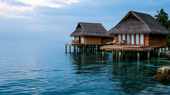 Two overwater bungalows with thatched roofs stand on wooden stilts above calm turquoise water under a partly cloudy sky