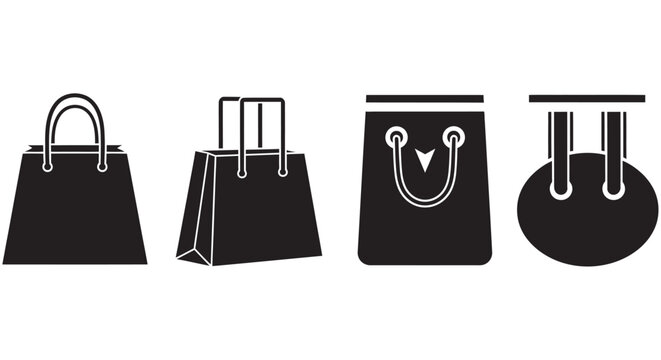 Black silhouettes of various shopping bags on a white background