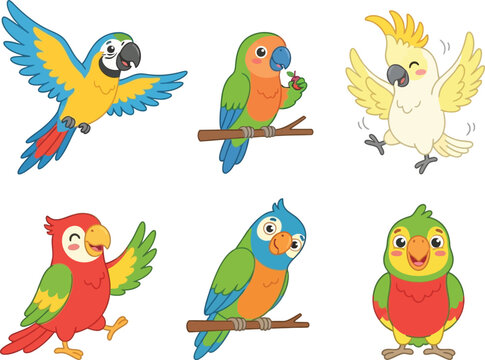 A collection of six colorful cartoon parrots in various playful poses and expressions.
