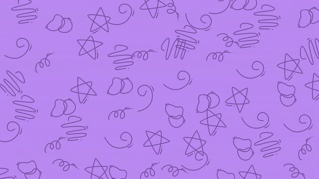 Abstract background with hand drawn stars and squiggly lines on a purple surface.