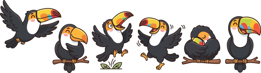 Fototapeta premium A collection of cute cartoon toucan birds in various playful poses and expressions.