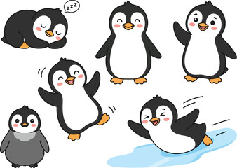 Fototapeta premium A collection of cute cartoon penguins in various playful and adorable poses.