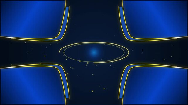 Futuristic symmetrical blue background with central spinning gold oval rings and glowing particles