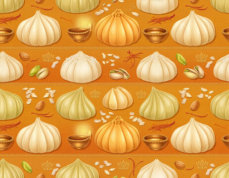 Seamless Pattern of Modak Indian Sweets and Diwali Lamps on Festive Orange Background