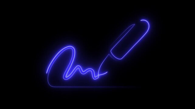Electric blue neon outline of a stylized signature or abstract flowing line on black