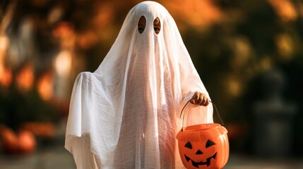 Fototapeta na wymiar Child dressed as ghost wearing white sheet costume holding orange pumpkin bucket for trick or treating outdoors in autumn evening