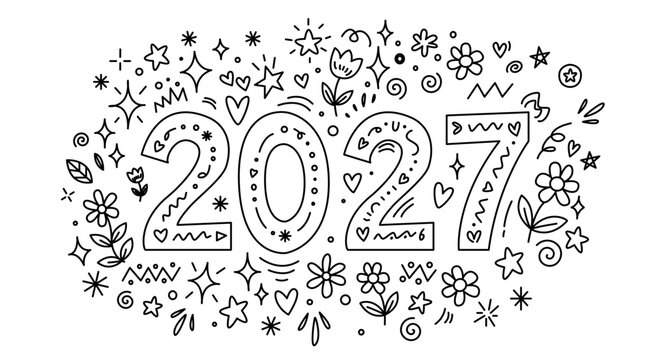 Hand Drawn 2027 Typography with Doodle and Floral Line Art