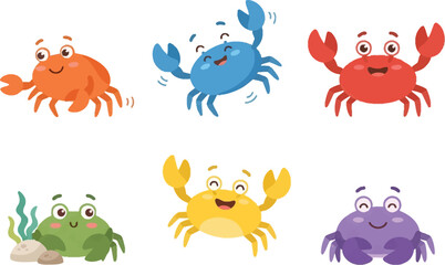 Fototapeta premium A collection of six colorful and cheerful cartoon crabs with different expressions and poses.