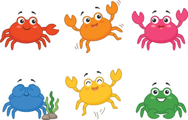 Fototapeta premium A collection of six colorful and cute cartoon crabs with different expressions and poses.